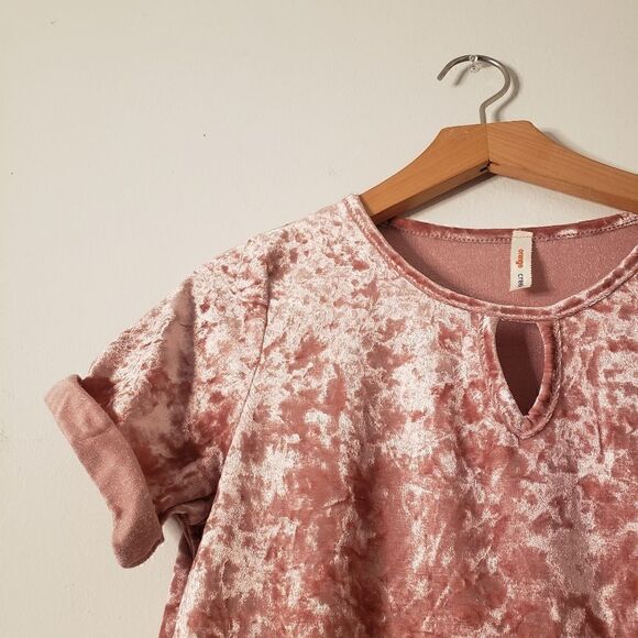 Orange Creek Pink Velour Blouse Rolled Cuffs Keyhole S - Picture 2 of 6